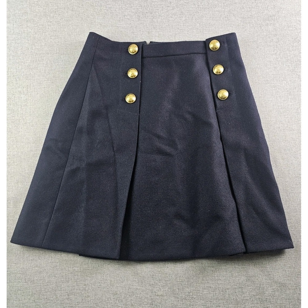 J Crew Sailor Pleated Twill Skirt Womens 4 Black Wool Gold Buttons Mini A Line